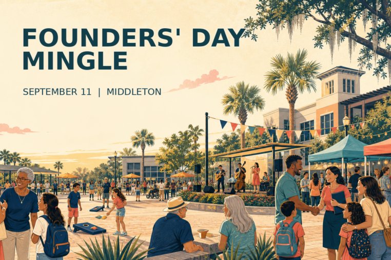 Illustration of neighbors gathering for the Founders' Day Mingle in downtown Middleton