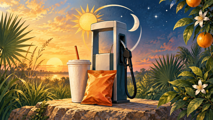 Conceptual illustration of an unbranded fuel pump, drink cup and snack packet beneath a sun and crescent moon, framed by Florida greenery.