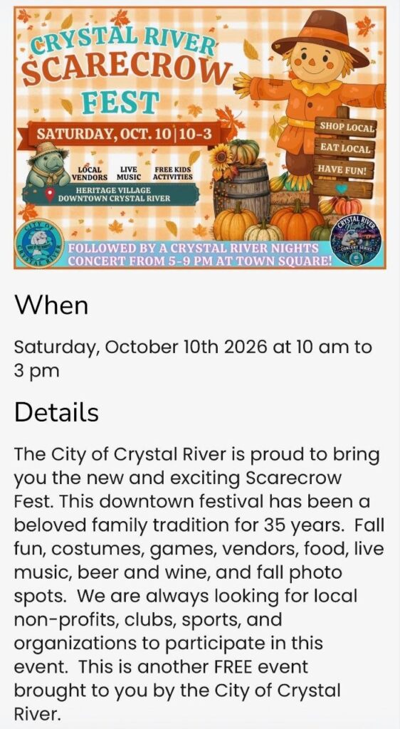 Crystal River Scarecrow Fest 2026 flyer