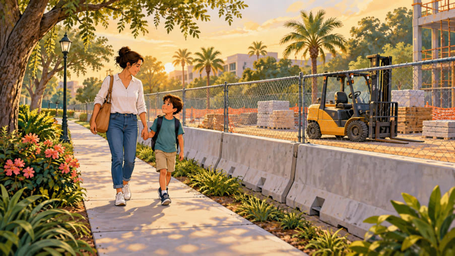 Illustration of an adult and child walking on a clear sidewalk beside a fenced construction area.