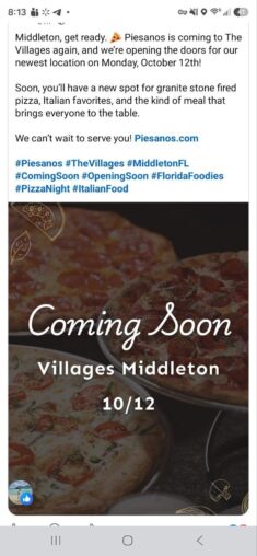 Piesanos coming soon graphic for the Villages Middleton location, marked 10/12